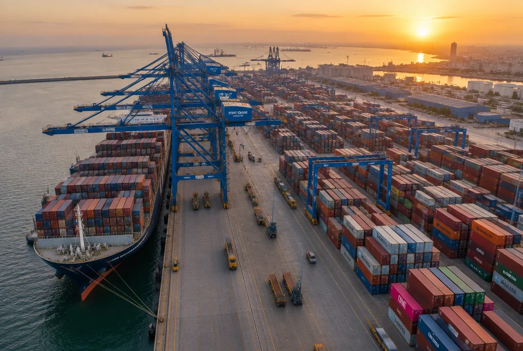Aerial view of Port Qasim container terminal at sunset